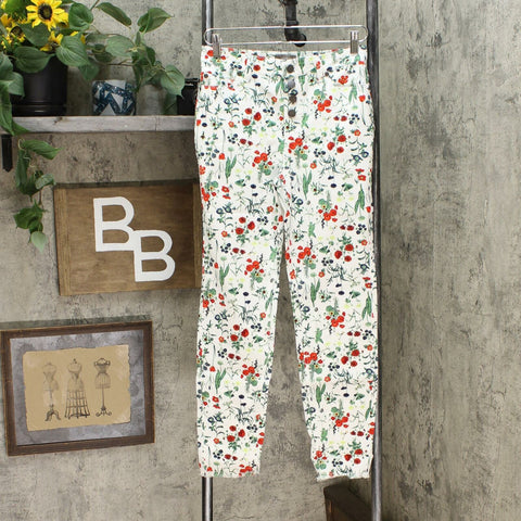 MOTTO Fearless Faux Button Front Stretch Raw Hem Jeans Botanical Floral 6