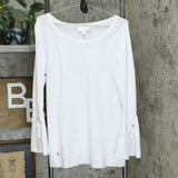 Belle by Kim Gravel Women's Feather Knit Bell Sleeve Sweater White Small