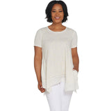 LOGO by Lori Goldstein Embroidery Detail Lace Hem Slub Top Antique White XS