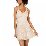 Speechless Women's Junior Fit Shimmer Embroidered Fit & Flare Dress Beige 5