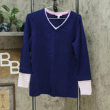 Isaac Mizrahi Live! V Neck Sweater With Layered Stripe Sleeve Navy Medium
