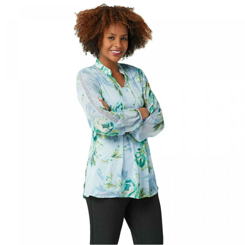 Susan Graver Printed Sheer Chiffon Tunic Set With Lace Trim. Blue/Mint Medium