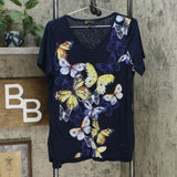 DG2 by Diane Gilman Burnout Printed And Embellished Top Navy Butterfly Large