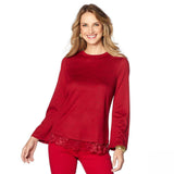DG2 by Diane Gilman Women's Bell Sleeve Top With Lace Trim Red XS