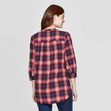 Knox Rose Women's Plaid 3/4 Sleeve V-Neck Button Down Shirt With Seaming