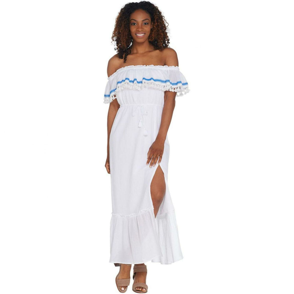 vince camuto white off the shoulder dress Vince Camuto Ruffled Off-the-Shoulder Belted Maxi Dress Ultra White Pl –  Biggybargains