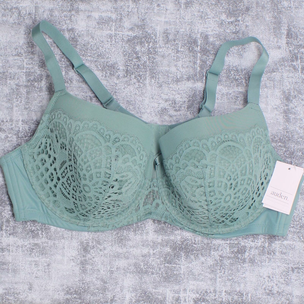 Auden Bra Balconette Coverage Lightly Lined Lace Overlay Wide Strap Green  48dd for sale online