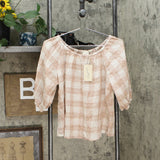 Universal Thread Women's Plaid Bubble 3/4 Sleeve Round Neck Top