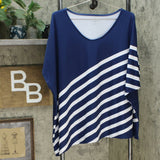 Elizabeth & Clarke Plus Striped Asymmetric Hem Tunic Top Navy 1X