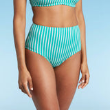 Kona Sol Women's Striped Mid Coverage High Waisted Bikini Bottom