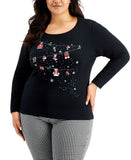 Karen Scott Plus Size Embellished Long Sleeve Christmas Knit Top