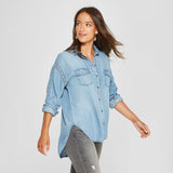 Knox Rose Women's Long Sleeve Eyelet Chambray Button Up Blouse Blue Small