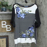 Karen Scott Plus Size Floral Print Striped Knit Top Deep Black 1X