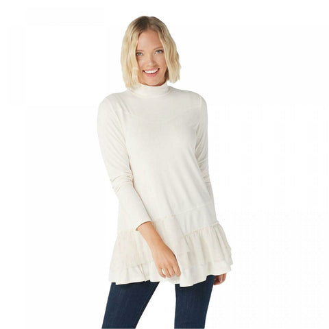 LOGO by Lori Goldstein Plus Size Flocked Mesh Tiers Ruffle Knit Tunic Top