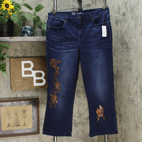 DG2 by Diane Gilman Floral Sequin Cropped Boot Cut Jeans Indigo 14