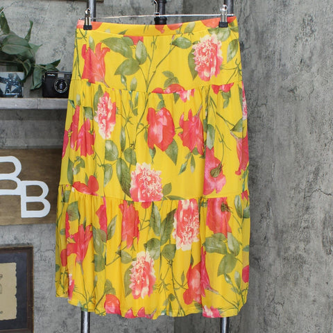 Nina Leonard Women's Printed Power Mesh Tiered Skirt Mustard Multi Yellow XL