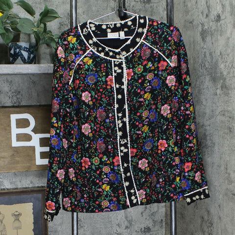 LOGO by Lori Goldstein Women's Mixed Print Picot Trim Woven Jacket Black Large