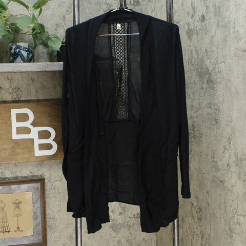 Rhonda Shear Womens Crochet Back Cardigan Black Large