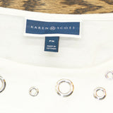 Karen Scott Cotton 3/4 Sleeve Grommet Trim Knit Top White Petite Medium