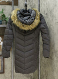Tommy Hilfiger Women's Faux Fur Trim Hooded Chevron Puffer Coat Grey XS