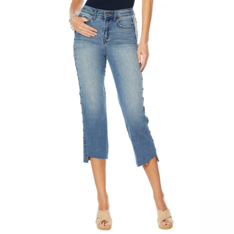 Skinnygirl Women's High Rise Straight Cropped Studded Jeans
