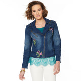 Colleen Lopez Women's Embroidered Denim Moto Jacket Indigo XS