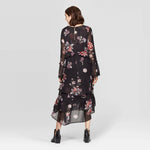 Xhilaration Women's Floral Print Long Sleeve V-Neck Tiered Ruffle Midi Dress
