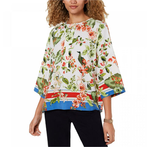 NWT Tommy Hilfiger Womens Printed Button-Neck 3/4-Sleeve Top. T9EMH601 X-Large
