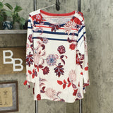 DG2 by Diane Gilman Women's 3/4 Tie Sleeve Floral Striped T-Shirt White Plus 1X