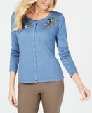 Karen Scott Women's Embroidered Long-Sleeve Cardigan Blue Denim Medium