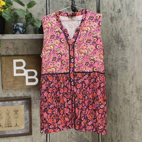 DG2 by Diane Gilman Women's Mixed Print Button-Down Tunic Top Pink Multi 2X