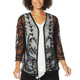 Nina Leonard Women's 3/4-Sleeve Embroidery Mesh Topper Black XS