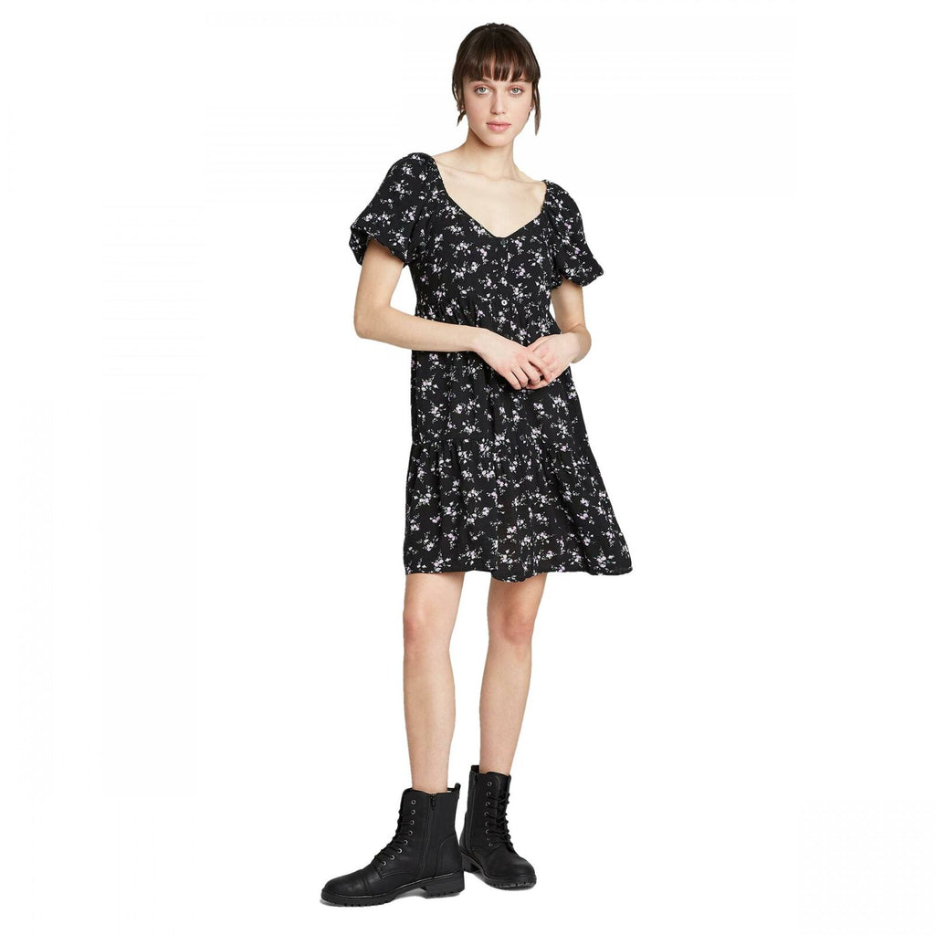 Wild Fable Women's Floral Puff Sleeve Round Neck Babydoll Dress Black   Biggybargains