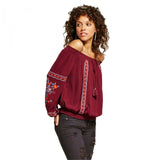 Xhilaration Women's Off the Shoulder Embroidered Peasant Top Berry Large