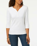 Karen Scott Women's Cotton Henley Top Shirt Bright White Small