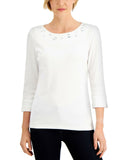 Karen Scott Cotton 3/4 Sleeve Grommet Trim Knit Top White Petite Medium