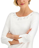 Karen Scott Cotton 3/4 Sleeve Grommet Trim Knit Top White Petite Medium