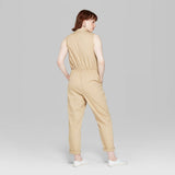 Wild Fable Women's Sleeveless V Neck Button-Front Utility Jumpsuit Khaki Small