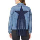 DG2 by Diane Gilman Women's Fringe Star Denim Jean Jacket Large Midtone