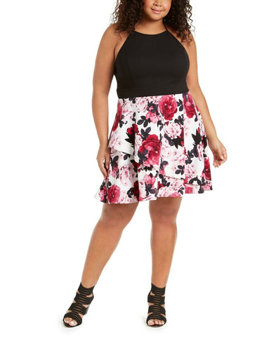 Speechless Plus Size Solid and Floral Print Dress Ivory / Berry 24W