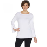 Belle by Kim Gravel Women's Feather Knit Bell Sleeve Sweater White Small