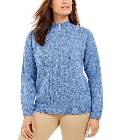 Karen Scott Marled Button Neck Cable Knit Sweater Blue Petite Medium