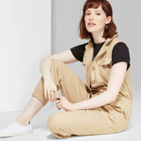 Wild Fable Women's Sleeveless V Neck Button-Front Utility Jumpsuit Khaki Small