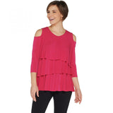 Susan Graver Women's Liquid Knit Cold Shoulder Tiered Top Deep Pink XS