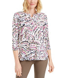 JM Collection 3/4-Sleeve Printed Pleat Back Blouse Pink Dahlia Medium