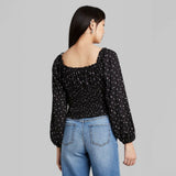 Wild Fable Floral Print Long Sleeve Square Neck Woven Top Black XL