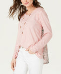 Style & Co Women's Floral Back Scoop Neck Slub Knit Top Pink Large