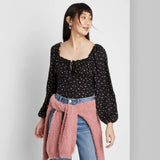 Wild Fable Floral Print Long Sleeve Square Neck Woven Top Black XL