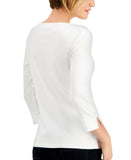 Karen Scott Cotton 3/4 Sleeve Grommet Trim Knit Top White Petite Medium
