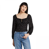 Wild Fable Floral Print Long Sleeve Square Neck Woven Top Black XL